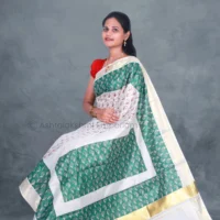 BCH Gold Border with Block Print Design Cotton Tissue Saree