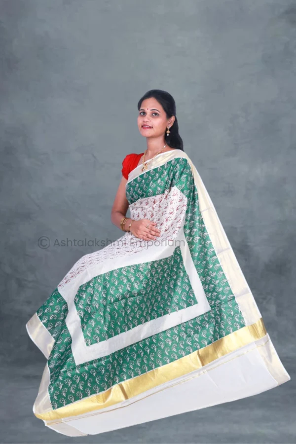 BCH Gold Border with Block Print Design Cotton Tissue Saree
