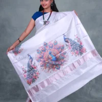 Rose Gold with Digital Print Peacock Cotton Tissue Saree