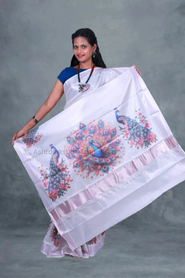 Rose Gold with Digital Print Peacock Cotton Tissue Saree