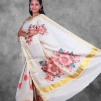 BCH Gold with Digital Print Flower Cotton Tissue Saree