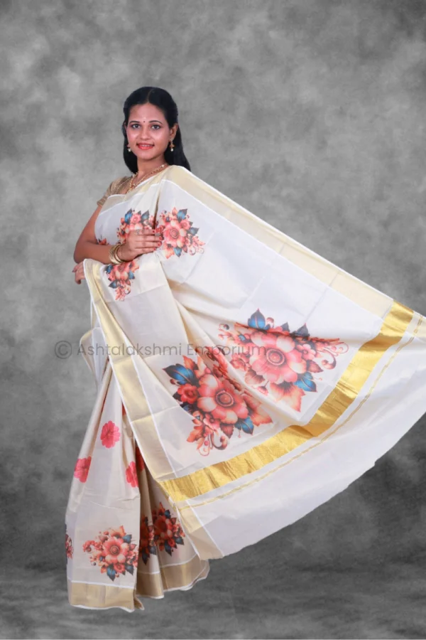 BCH Gold with Digital Print Flower Cotton Tissue Saree