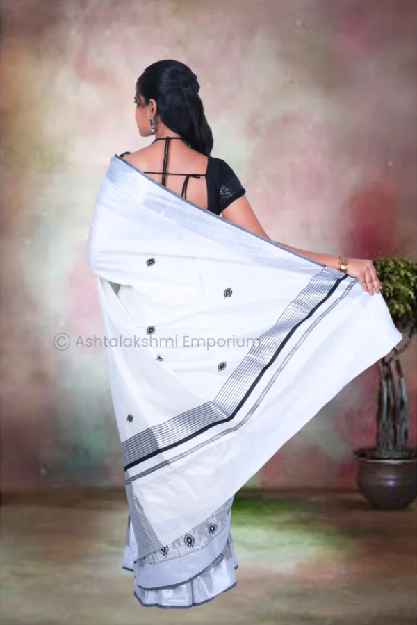 Silver & Black Lines with Embroidery Design Cotton Tissue Saree