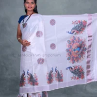 Rose Gold with Digital Print Peacock Cotton Tissue Saree