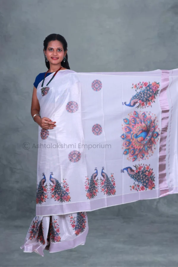 Rose Gold with Digital Print Peacock Cotton Tissue Saree