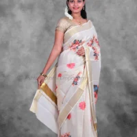 BCH Gold with Digital Print Flower Cotton Tissue Saree