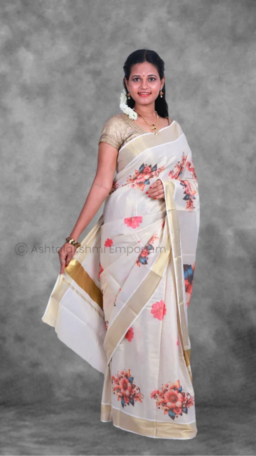 BCH Gold with Digital Print Flower Cotton Tissue Saree
