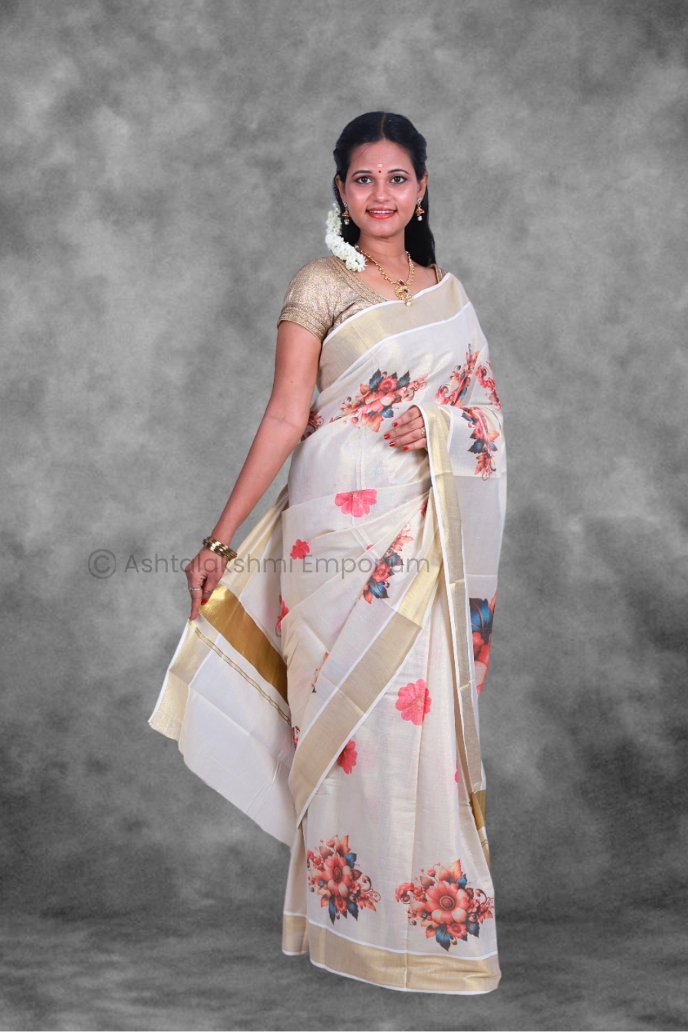 BCH Gold with Digital Print Flower Cotton Tissue Saree