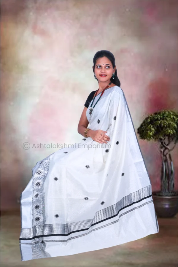 Silver & Black Lines with Embroidery Design Cotton Tissue Saree