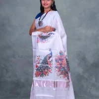 Rose Gold with Digital Print Peacock Cotton Tissue Saree