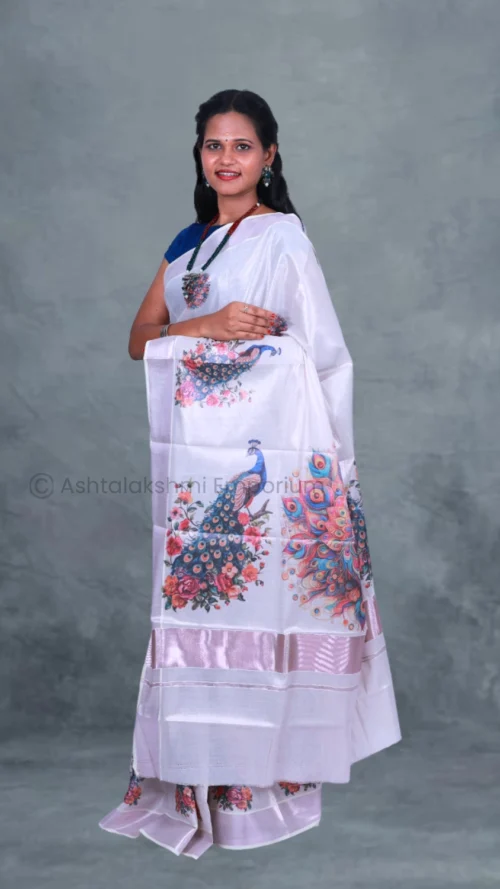 Rose Gold with Digital Print Peacock Cotton Tissue Saree
