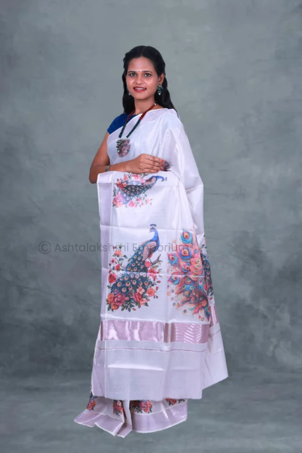 Rose Gold with Digital Print Peacock Cotton Tissue Saree