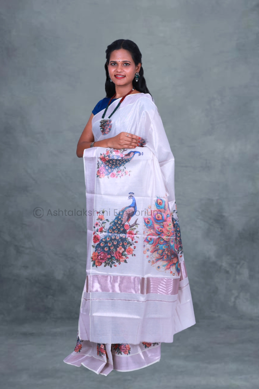 Rose Gold with Digital Print Peacock Cotton Tissue Saree