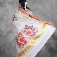 BCH Gold with Digital Print Flower Cotton Tissue Saree