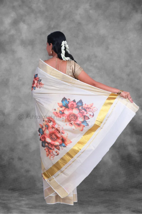 BCH Gold with Digital Print Flower Cotton Tissue Saree