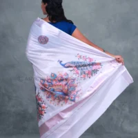 Rose Gold with Digital Print Peacock Cotton Tissue Saree