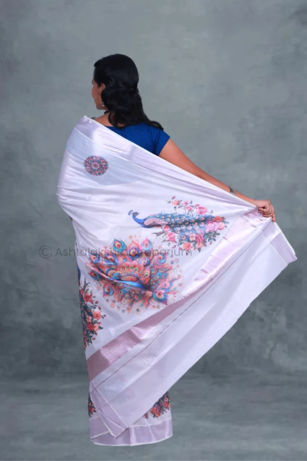 Rose Gold with Digital Print Peacock Cotton Tissue Saree
