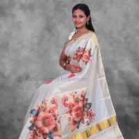 BCH Gold with Digital Print Flower Cotton Tissue Saree