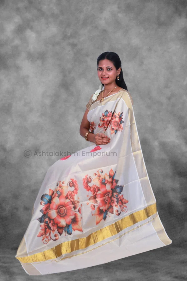 BCH Gold with Digital Print Flower Cotton Tissue Saree