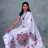 Rose Gold with Digital Print Peacock Cotton Tissue Saree