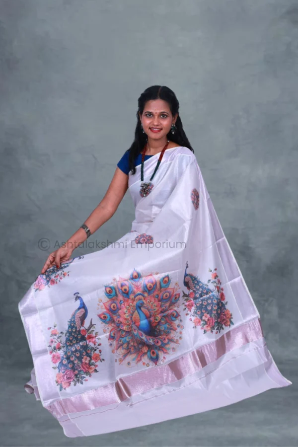 Rose Gold with Digital Print Peacock Cotton Tissue Saree