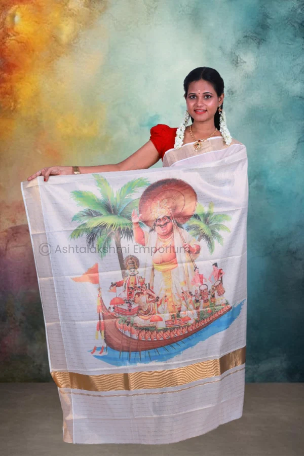 Copper Lines with Digital Print Kathakali Boat Design Cotton Tissue Saree