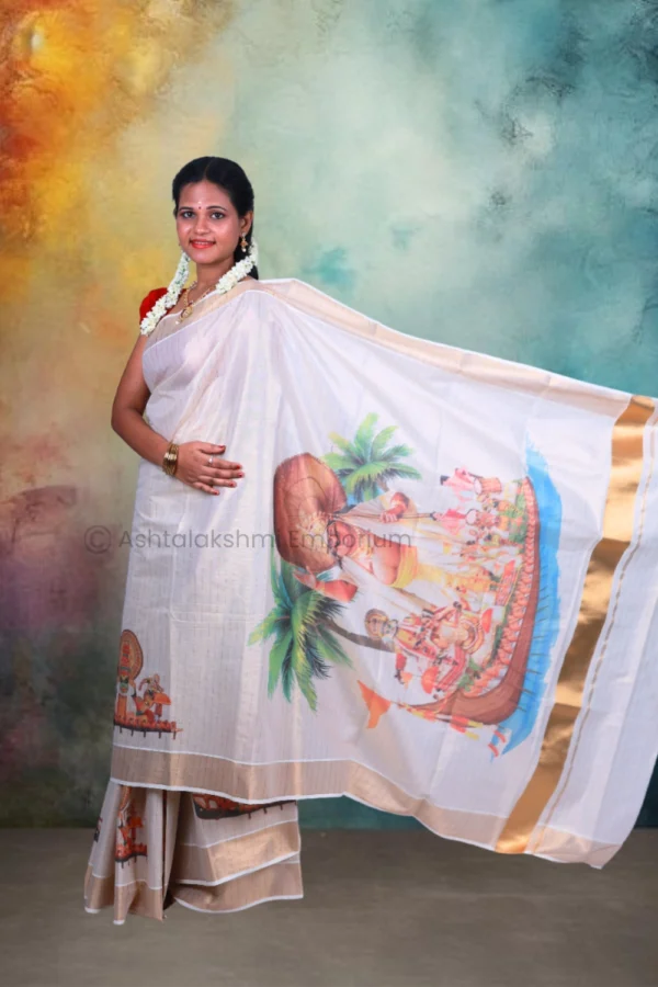 Copper Lines with Digital Print Kathakali Boat Design Cotton Tissue Saree