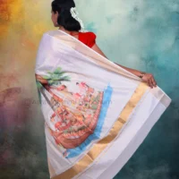 Copper Lines with Digital Print Kathakali Boat Design Cotton Tissue Saree