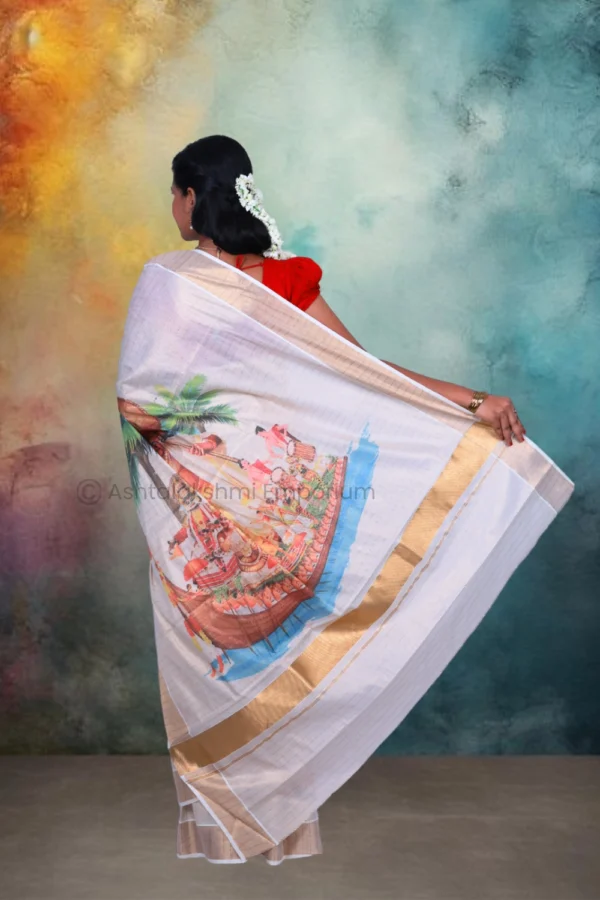 Copper Lines with Digital Print Kathakali Boat Design Cotton Tissue Saree