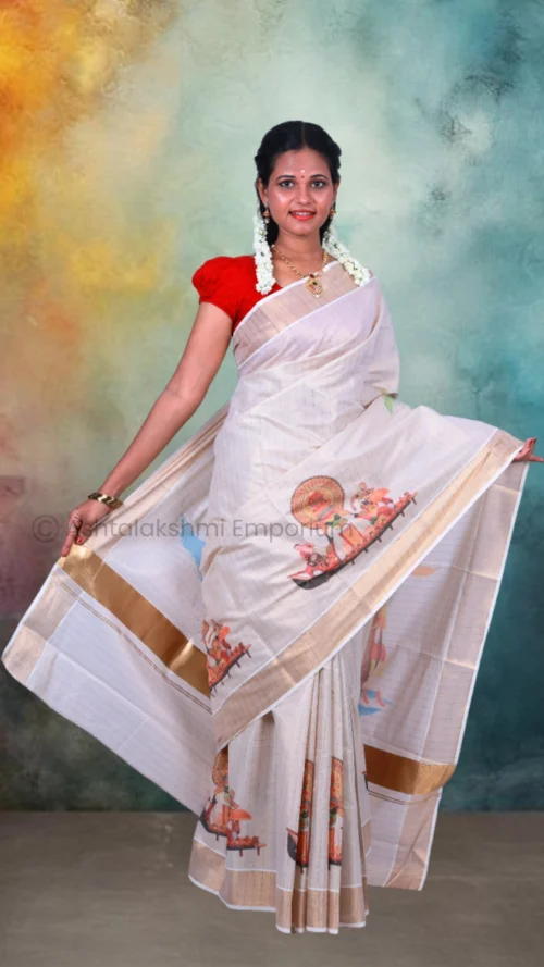 Copper Lines with Digital Print Kathakali Boat Design Cotton Tissue Saree