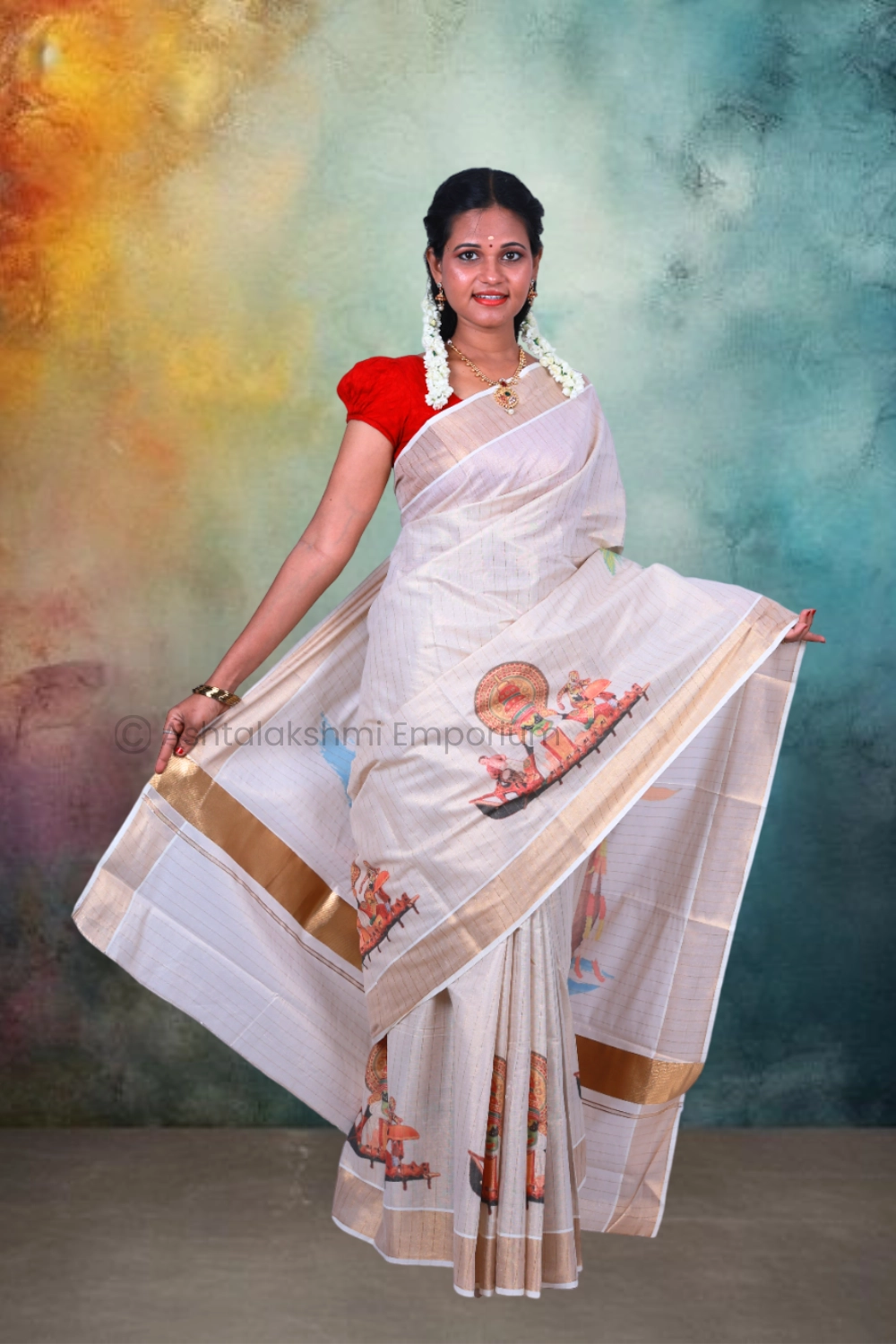 Copper Lines with Digital Print Kathakali Boat Design Cotton Tissue Saree