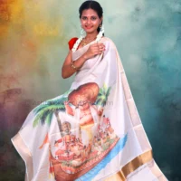 Copper Lines with Digital Print Kathakali Boat Design Cotton Tissue Saree