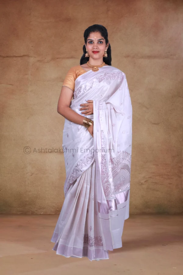 Rose Gold with fancy embroidery design Cotton Tissue Saree
