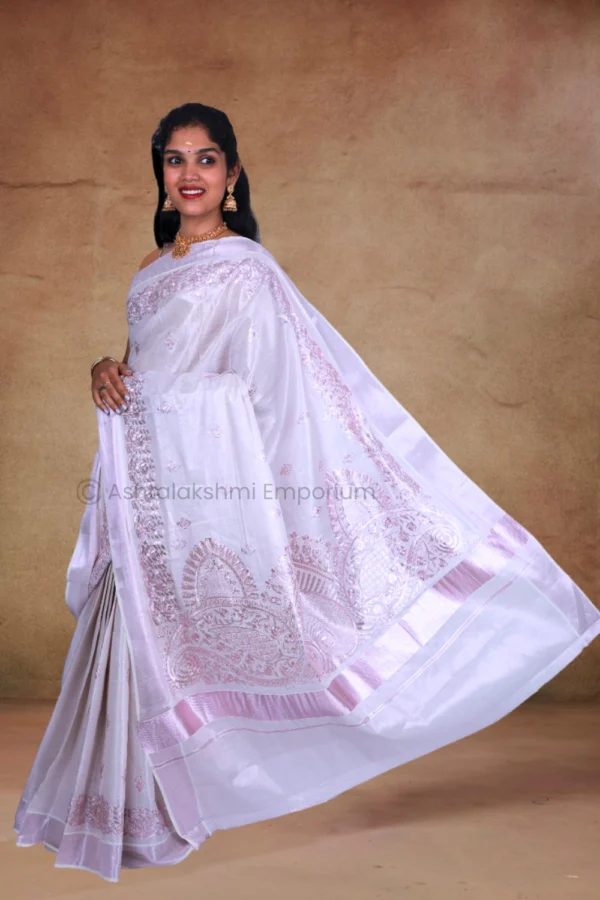 Rose Gold with fancy embroidery design Cotton Tissue Saree