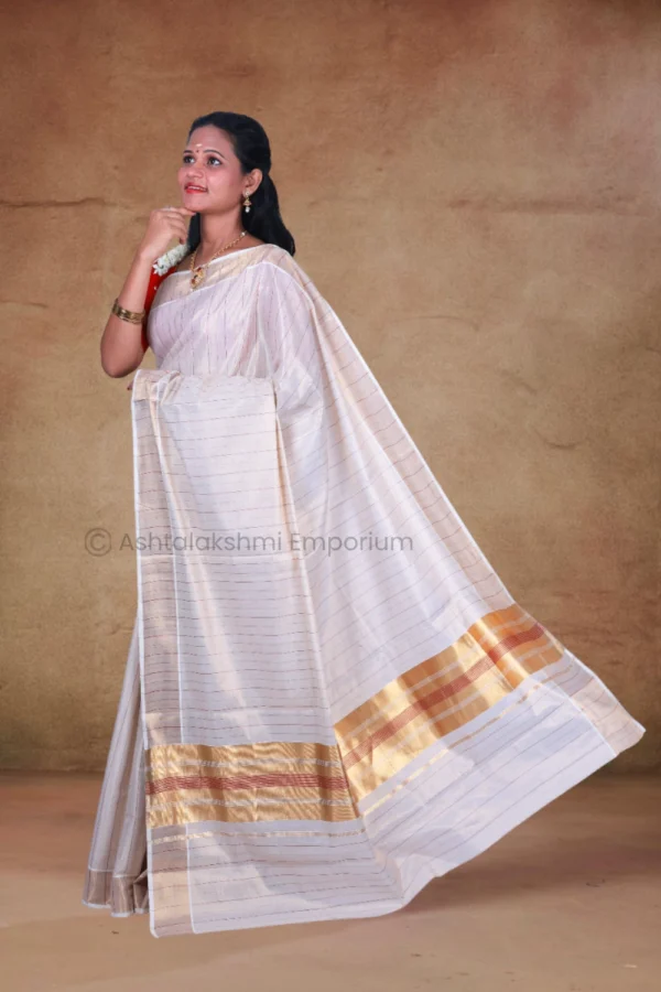 Copper border with Maroon border and lines Cotton Tissue Saree
