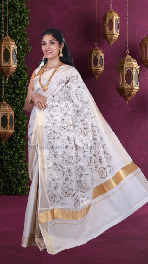Copper border with embroidery design Cotton Tissue Saree