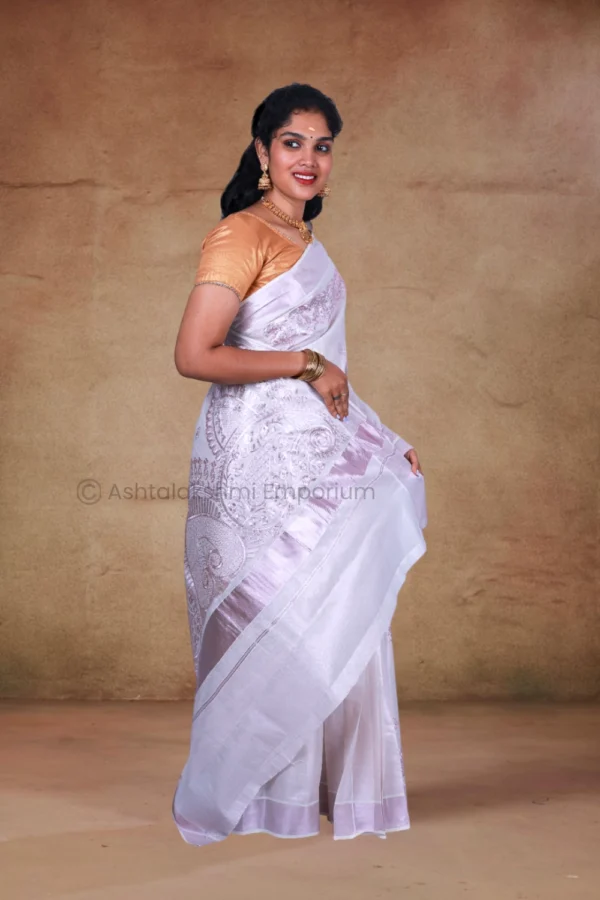 Rose Gold with fancy embroidery design Cotton Tissue Saree