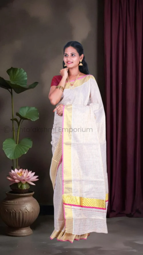 Pink Border - BCH Gold Fancy tissue checked saree