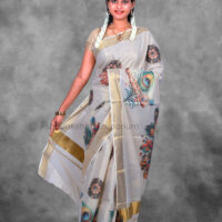 BCH Gold with Peacock Feather Digital Print Design Cotton Tissue Saree