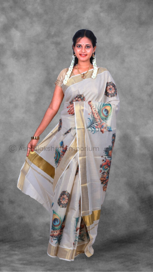 BCH Gold with Peacock Feather Digital Print Design Cotton Tissue Saree