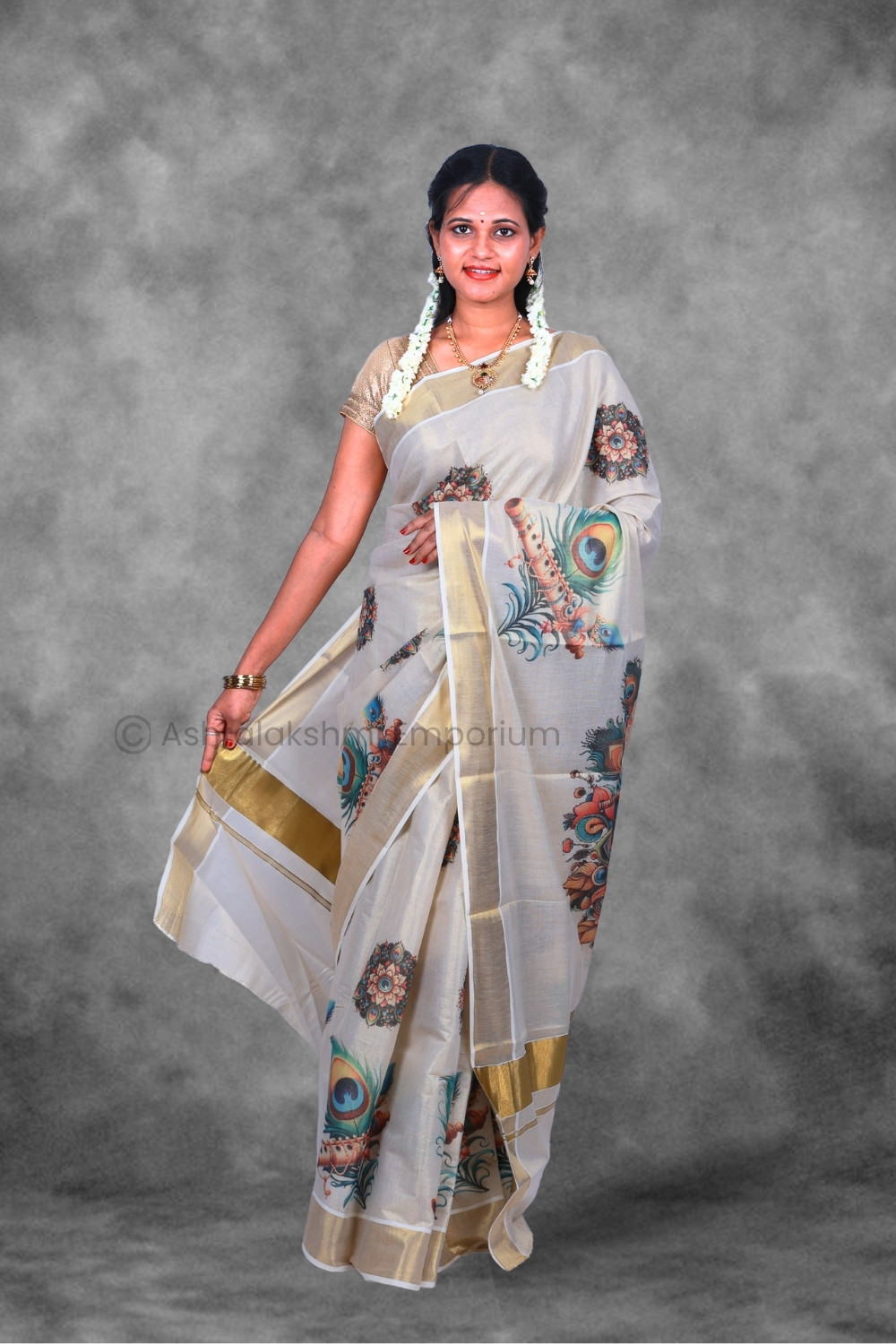BCH Gold with Peacock Feather Digital Print Design Cotton Tissue Saree