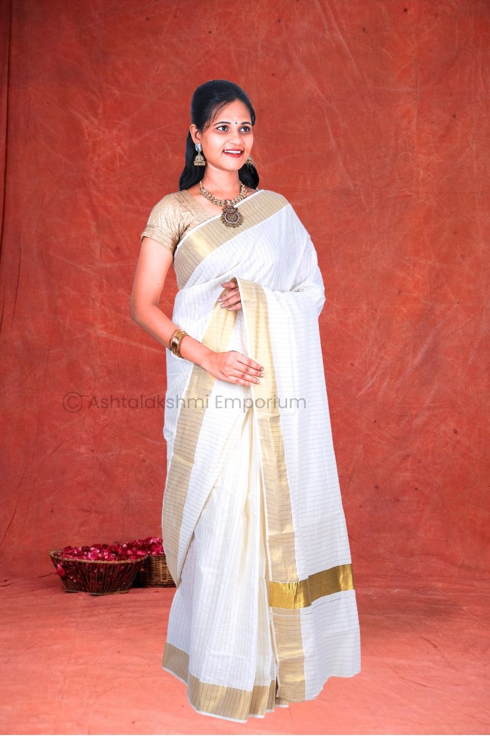 BCH Gold Border with Lines Cotton Saree