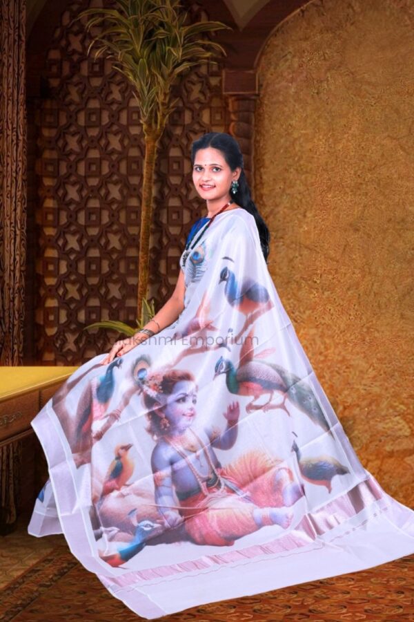 Rose Gold with Digital Print Krishna and Peacock Cotton Tissue Saree