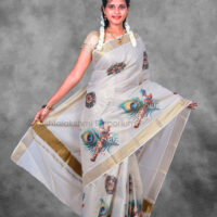 BCH Gold with Peacock Feather Digital Print Design Cotton Tissue Saree