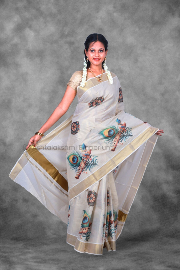 BCH Gold with Peacock Feather Digital Print Design Cotton Tissue Saree