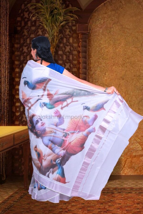 Rose Gold with Digital Print Krishna and Peacock Cotton Tissue Saree