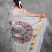 BCH Gold with Peacock Feather Digital Print Design Cotton Tissue Saree