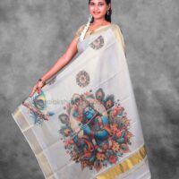 BCH Gold with Peacock Feather Digital Print Design Cotton Tissue Saree
