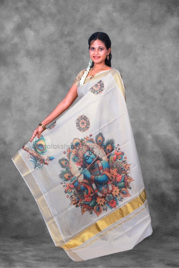 BCH Gold with Peacock Feather Digital Print Design Cotton Tissue Saree
