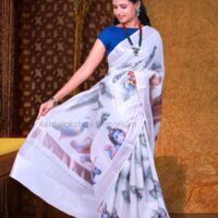 Rose Gold with Digital Print Krishna and Peacock Cotton Tissue Saree
